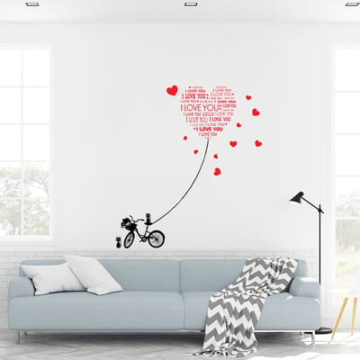 Muurstickers met de tekst "Love You" met katten en een fiets.