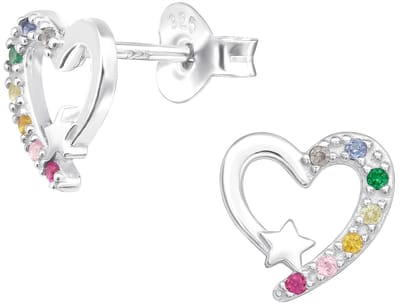 Joy|S - Zilveren hartje oorbellen - 8 mm - met ster - verschillende kleurtjes zirkonia - oorknoppen