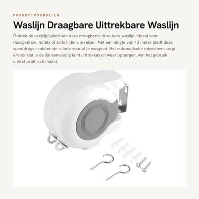 Dailygoods- Waslijn 13 m - Draagbaar - Uittrekbaar - Wanddroogrek - Dubbele lijn - Automatisch rolsysteem - Geschikt voor thuis - Drooglijn