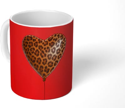 Mok - Koffiemok - Ballon - Hartvormig - Rood - Panterpatroon - Mokken - 350 ML - Beker - Koffiemokken - Theemok