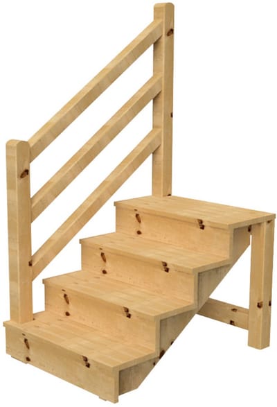 Vrijstaande buitentrap met trapleuning hout Links - palen ronde kop - H 4-treden 71cm B 120cm