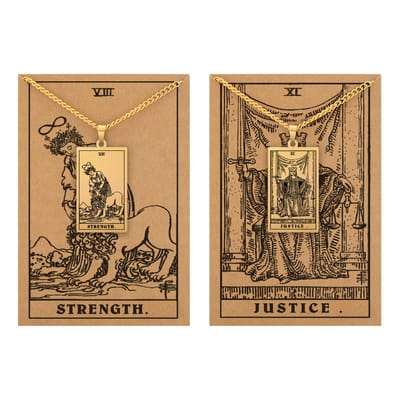 Tarot Ketting 8 | 11 bundel – Moed & Zelfbeheersing – Goudkleurig Stainless Steel - Inclusief Rider-Waite Kaartjes - 60cm - Pax Amare