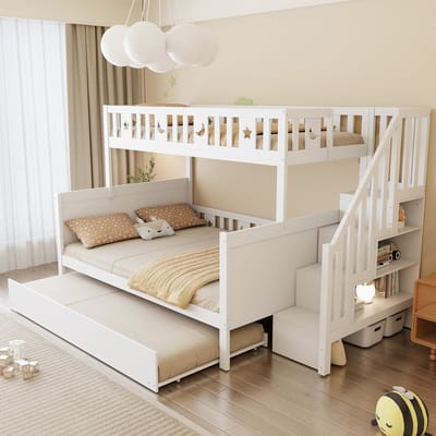 DESMIU Stapelbed 90x200/140x200 cm – Met Veiligheidstrap En Opbergruimte – Met Uitschuifbed – Voor Kinderkamer – Massief Hout – Wit – Zonder Matras