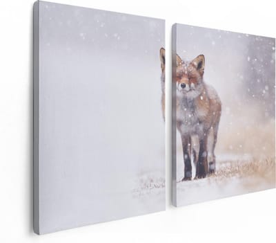 Artaza Canvas Schilderij Tweeluik Vos in de Sneeuw - 120x80 - Foto Op Canvas - Canvas Print
