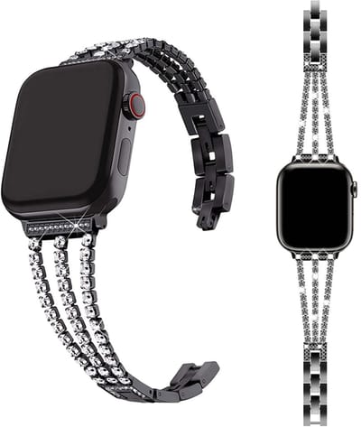 Stravo Luxe Dames Horlogebandje met Strass – Elegant RVS Schakelbandje – Geschikt voor Apple Watch 42mm (Series 11/10) , 41mm (Series 9/8/7), 40mm (Series 6/5/4/SE 1/2/3), 38mm (Series 3/2/1) – Zwart