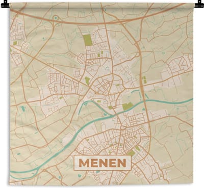 Wandkleed - Wanddoek - Plattegrond - Kaart - België - Vintage - Menen - Stadskaart - 180x180 cm - Wandtapijt