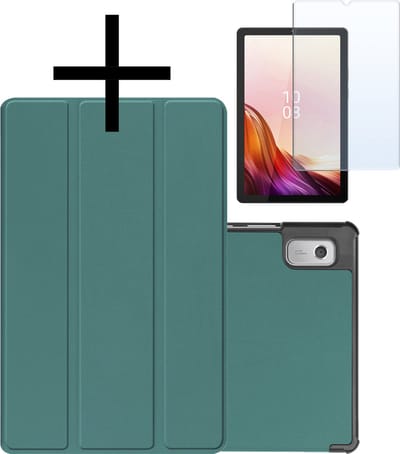 Hoes - Geschikt voor Lenovo Tab M9 - Met Screenprotector - Trifold Bookcase - Hard Cover - Hardcover Book Case - Tablet Hoesje - Donkergroen