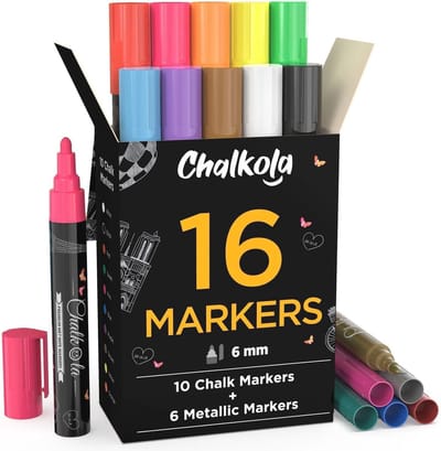 Vloeibare krijtstiften set van 16 - metallic en neon kleuren voor krijtborden, glas en raamborden - wisbare inkt, 6 mm punt
