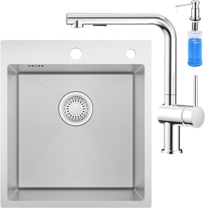 CECIPA max Spoelbak voor keuken 44*49CM - Spoelbak Keuken Met L-uitloop Keukenkraan en Zeepdispenser 300ML - Enkele spoelbak Met waterafvoersysteem - Voor 45 cm Kast - RVS