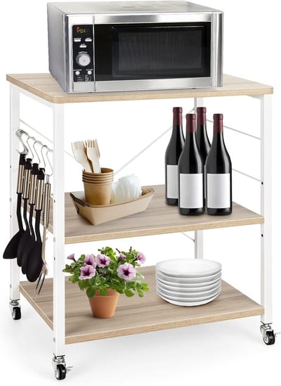 Keuken Trolley - Dienbladwagen Keuken - Keuken Organiseren - Met 10 Haken - 60 x 40 x 73.5 cm - Naturel