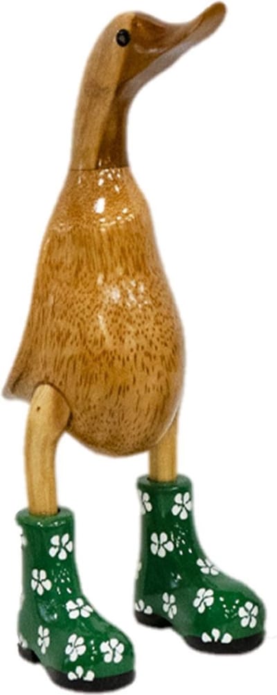 JoJo Living Woonaccessoires - Dieren - Houten eend met laarzen - S - Groen - 26 cm - Handgemaakt