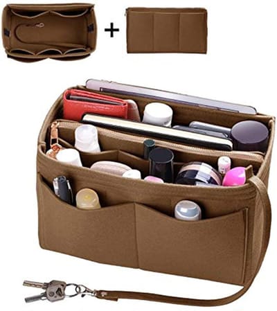 Famanu – 2 in1 Vilt Organizer voor Vrouwen - Draagbaar Insert Tas Organizer - Afneembaar Vak met Ritssluiting - Handtassen Portemonnee Organizer - Tas in Tas Invoegen Shaper - Reis - Buitenshuis (Bruin - M)