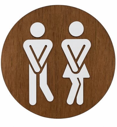 Luxe houten wc bordje - wc sign - witte afbeelding van man en vrouw op een bruine houten achtergrond - walnoot look - zelfklevend - handgemaakt - medium formaat 14 cm diagonaal