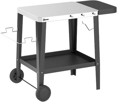 Buitenkeuken op Wielen – BBQ Trolley – Met Opbergkast & Planken – Werktafel voor Buiten – Staal & Metaal – Multifunctioneel – Zwart