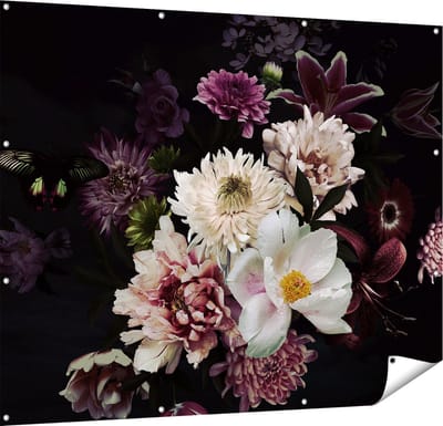 Gards Tuinposter Diverse Bloemen op Zwart Achtergrond - 150x120 cm - Tuindoek - Tuindecoratie - Wanddecoratie buiten - Tuinschilderij