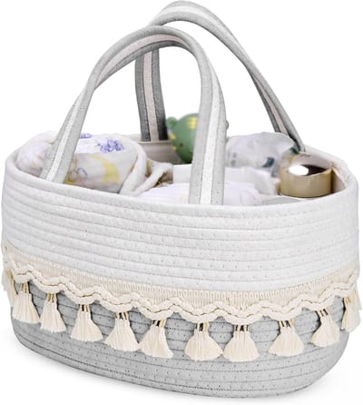 Luiertas – Luieropbergdoos – Luiermand – Opberg en organisatiemand voor luiers – 36 x 22 x 18 cm – Grijs en wit