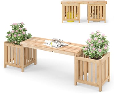 COSTWAY Tuinbank met plantenbak, houten bank met 2 zijdelingse bloembakken, 2-zitsbank van hout, voor tuin, balkon en terras