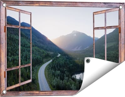 Gards Tuinposter Doorkijk Weg Door het Bergen Landschap - 60x40 cm - Tuindoek - Tuindecoratie - Wanddecoratie buiten - Tuinschilderij