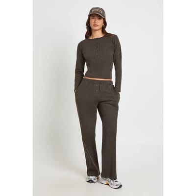 boohoo Dames Katoenen Doorknoop Crew Neck Top & Broek Co-ord Set | Taupe | Maat: 14