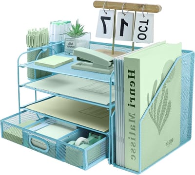 4-laags bureaublad document organizer met extra verticale sorteerder, papierlade en opbergvak voor kantoorartikelen, A4 papier en tijdschriftenhouder voor thuiswerkplek