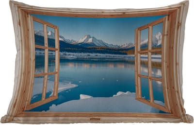 Buitenkussens - Doorkijk - Landschap - Winter - Meer - Bergen - Uitzicht - 60x40 cm - Weerbestendig