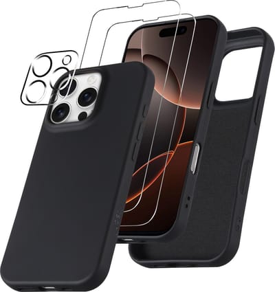 Hoesje Geschikt voor iPhone 16 Pro Max – Zacht siliconen liquid backcover met 2x screenprotectors gehard glas en 1x lens protector – Zwart