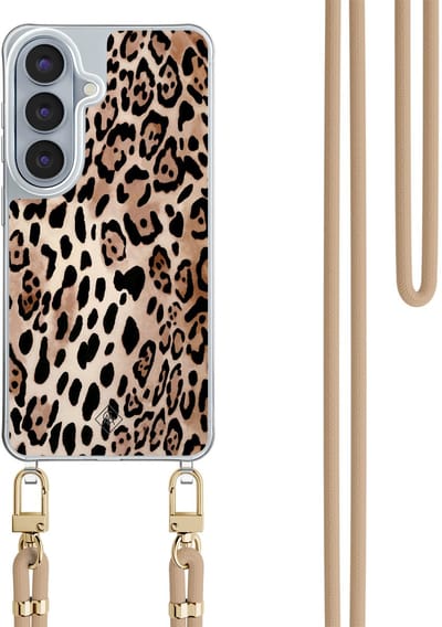 Casimoda® hoesje met beige koord - Geschikt voor Samsung S26 - Luipaard print bruin - Afneembaar koord - TPU/polycarbonaat - Bruin/beige