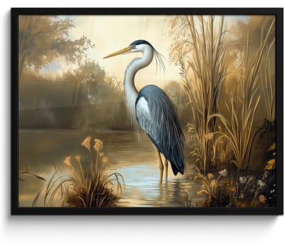 Poster in lijst - Fotolijst 70x50 cm - Posters - Reiger - Water - Planten - Posterlijst zwart - Decoratie - Wanddecoratie woonkamer - Muurdecoratie slaapkamer