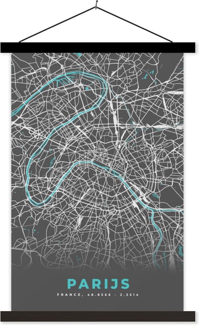 Posterhanger incl. Poster 40x60 cm - Schoolplaat - Parijs - Blauw - Kaart - Plattegrond - Stadskaart - Textielposter - Zwarte latten - Stadskaart