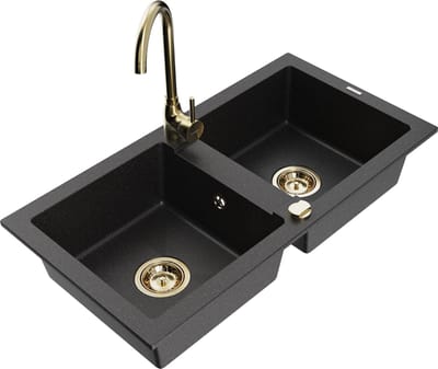 Mexen Mario granieten gootsteen 2-kamer met keukenmengkraan Telma, zwart/zilver - 6504-73-670200-50