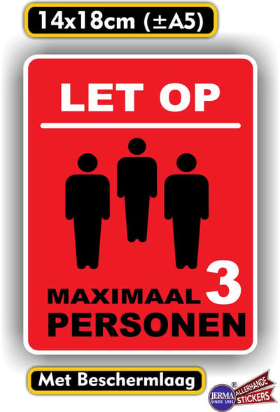 Jerma - Sticker - Maximaal 3 personen in deze ruimte – 14 x 18 cm - Zelfklevend - Krasbestendig