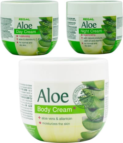 Regal Aloe Dagcrème + Nachtcrème + Bodycrème Set – Aloë Vera Gezichtsverzorging & Lichaamscrème voor Gevoelige, Normale en Droge Huid – 2 x 100ml + 250ml