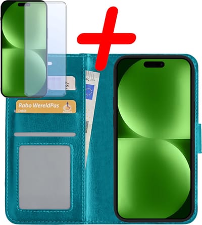 Hoesje Met Screenprotector - Geschikt voor Apple iPhone 15 - Luxe Pasjeshouder - Bookcase Portemonee - Flip Case - Kunstleer Book Case - Flipcase - Book Cover - Walletcase - Portemonneehoes - Turquoise