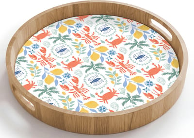 Dienblad rond 40x40 cm - Schootdienblad hout - Patroon - Wit - Illustraties - Mediterraans - Borrelplank rechthoek - Plateau houten dienbladen