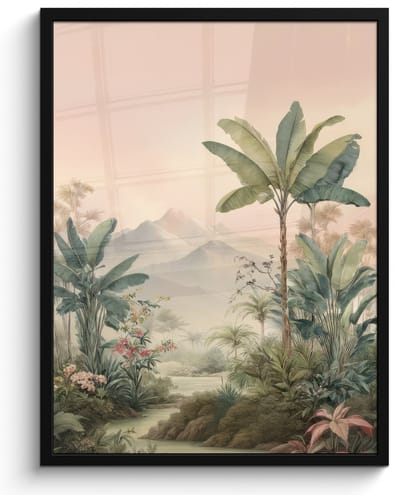 Poster in lijst - Fotolijst 60x80 cm - Posters - Tropisch landschap - palmbomen - Bloemen - Roze lucht - Posterlijst zwart - Decoratie - Wanddecoratie woonkamer - Muurdecoratie slaapkamer
