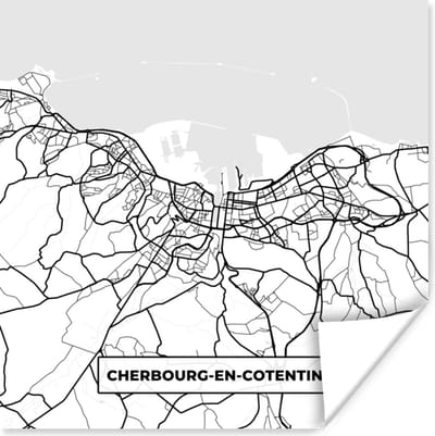 Poster Frankrijk - Plattegrond - Cherbourg-en-Cotentin - Stadskaart - Kaart - Zwart wit - 100x100 cm XXL