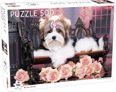 Tactic Yorkshire Terrier with Roses – Puzzel – 500 stukjes – Lief Dierenportret met Bloemen – Strak en Rustgevend Ontwerp – Hoogwaardige Scandinavische Kwaliteit