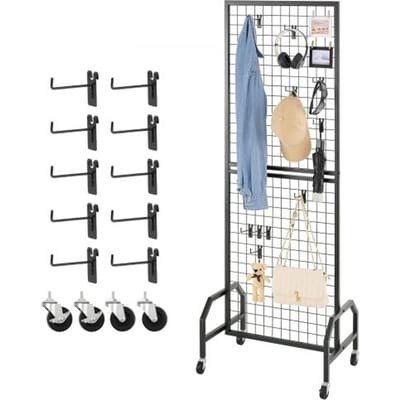 VEVOR Grid Wall Panels Grid Wall 60 x 164 cm 1 st. Oprolbare displaystandaard met 10 haken, displayplanken van koolstofstaal, kunsttentoonstellingsplank voor decoratieopslag, zwart