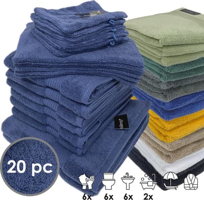 iSleep Terry Badtextiel - Voordeelset (20 delig) - 6x Washandje 16x22 cm - 6x Gastendoekje 30x50 cm - 6x Handdoek 60x110 cm - 2x Badlaken 70x140 cm - Donker Blauw