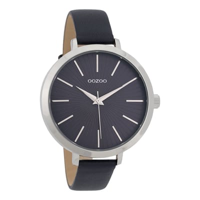 OOZOO Timepieces - Zilverkleurige horloge met donker blauwe leren band - C9671