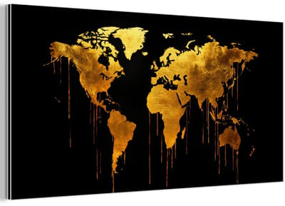 Aluminium schilderij 160x80 cm - Wanddecoratie metaal - Wereldkaart - Goud - Druipen - Zwart - Metalen muurdecoratie woonkamer - Decoratie industrieel - Foto op dibond - Industriële accessoires slaapkamer