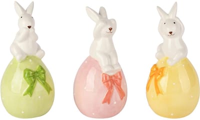 Dekoratief | Bunny op ei horen/zien/zwijgen, dolomiet, 8x7x15cm, set van 3 stuks | A260764