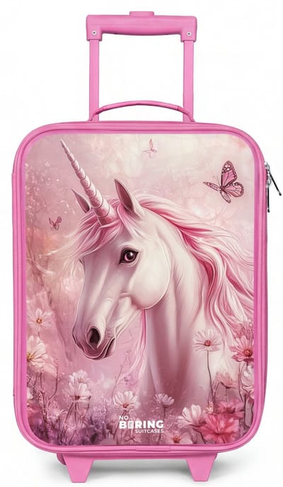 NoBoringSuitcases.com® - Kinderkoffer roze - Kindertrolley meisje - Eenhoorn - Roze - Vlinders - Bloemen - Koffer kind lichtgewicht - Reiskoffer trolley voor kinderen - Koffertje met lichtgevende wieltjes - Rolkoffer