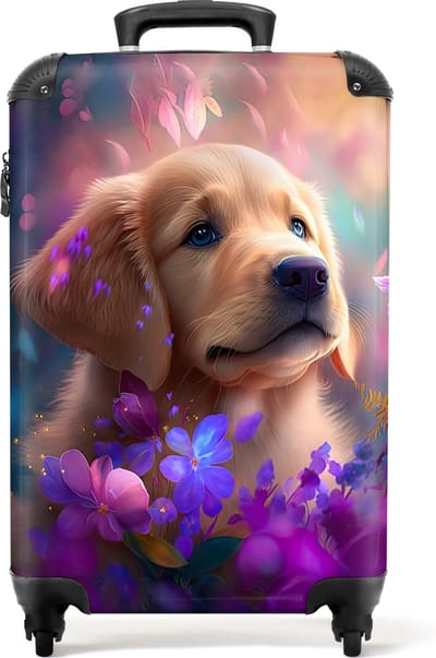 NoBoringSuitcases.com - Koffer - Puppy - Bloemen - Natuur - Roze - Handbagage koffer - Koffer volwassenen - TSA slot - Kofferslot - Past binnen 55x40x20 cm en 55x35x25 cm - Reiskoffer vrouw - Trolley vrouw - Hardcase koffer - Lichtgewicht