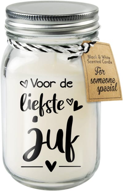 Geurkaars met vanillegeur | Kleur: Zwart & Wit | Tekst: Juf | Diameter: 8cm | Hoogte: 13cm