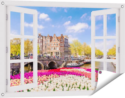 Gards Tuinposter Doorkijk Amsterdamse Huisjes aan de Grachten - 90x60 cm - Tuindoek - Tuindecoratie - Wanddecoratie buiten - Tuinschilderij