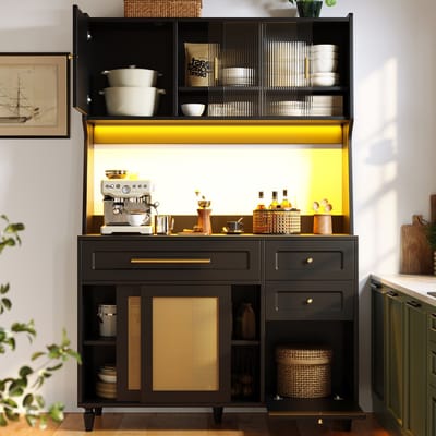Keuken kasten - hoge kasten - eetkamertafel met verstelbare planken - bijzettafel met drie lades - kast met LED-verlichting - zwart