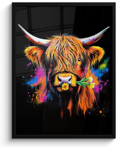 Poster in lijst - Fotolijst 50x70 cm - Posters - Schotse Hooglander - Graffiti - Kleurrijk - Bloem - Dieren - Posterlijst zwart - Decoratie - Wanddecoratie woonkamer - Muurdecoratie slaapkamer