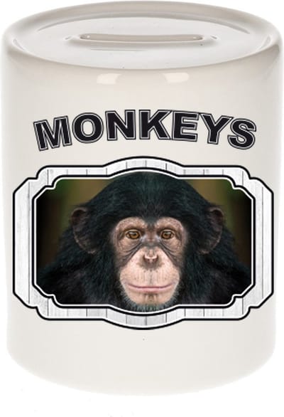 Dieren liefhebber leuke chimpansee spaarpot 9 cm jongens en meisjes - keramiek - Cadeau spaarpotten apen liefhebber