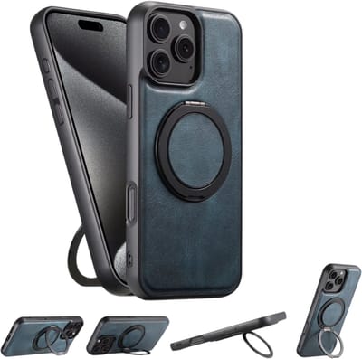 Hoesje met Ringstandaard Geschikt voor iPhone 17 – Draadloos Opladen – Draaibare Ring – PU Leren Telefoonhoes - Blauw